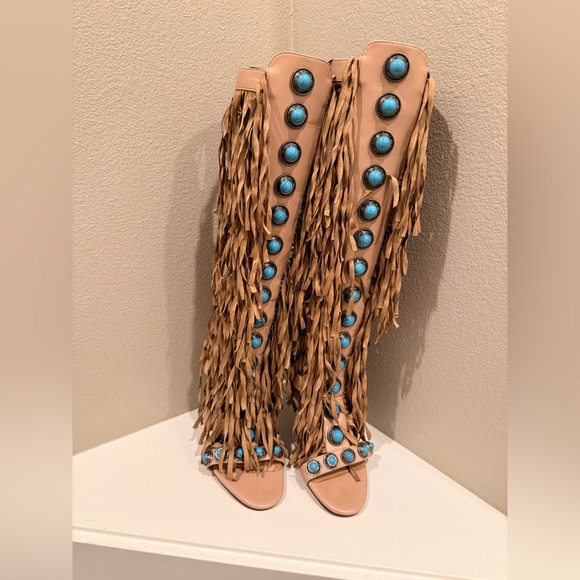 Azalea Wang Shoes - Tan Fringe and Concho Heeled Boots